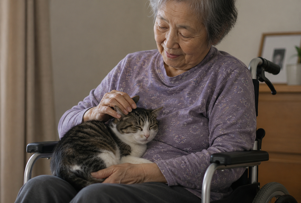 高齢者とペットが寄り添う様子